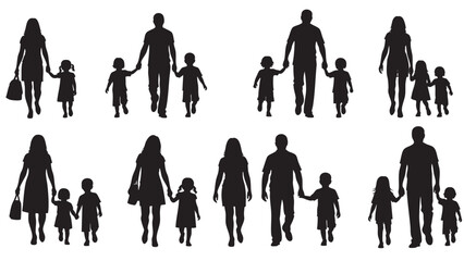 Silhouettes of a family including parents and children walking together on white background