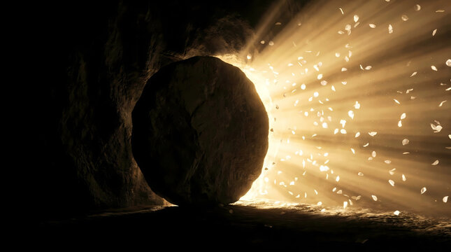 Stone rolled away from tomb entrance revealing bright light and falling petals