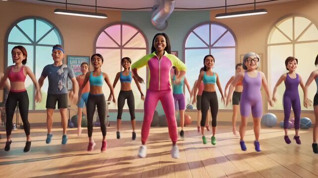 A diverse group of animated individuals, including men and women of various ages and body types, enthusiastically participates in a high intensity aerobic exercise class led by a cheerful.