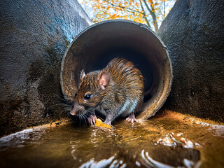 Brown Rat (Rattus norvegicus) in a sewer pipe.