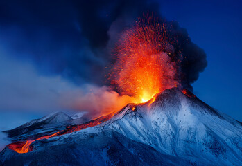 Volcanic eruption in a snow covered mountain landscape