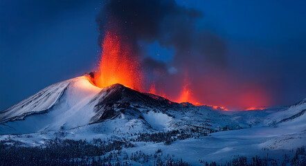 Volcanic eruption in a snow covered mountain landscape