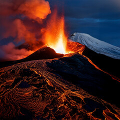 Volcanic eruption in a snow covered mountain landscape