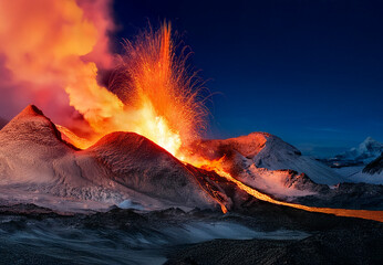 Volcanic eruption in a snow covered mountain landscape