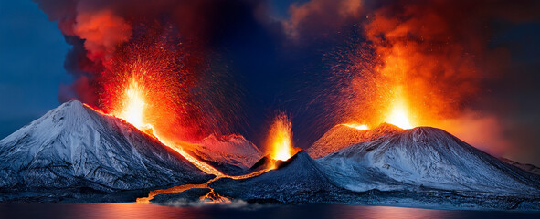 Volcanic eruptions in a snow covered mountain landscape by the sea