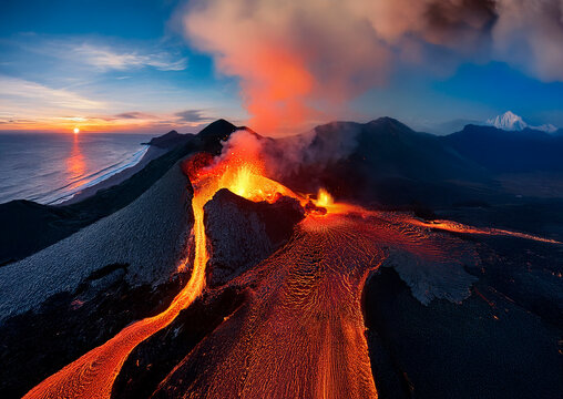 Volcanic eruptions in a coastal landscape at sunset