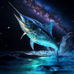Glass marlin leaping from the ocean at night with the milky way overhead