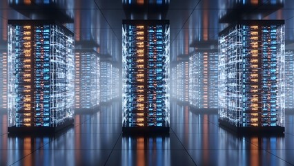 Data center servers cloud computing technology hardware concept dark background modern