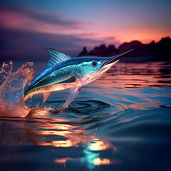 Glass Marlin leaping out of the sea at dusk
