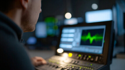 Close-up of a person working on audio editing software with waveform display on computer screen in a dimly lit studio environment