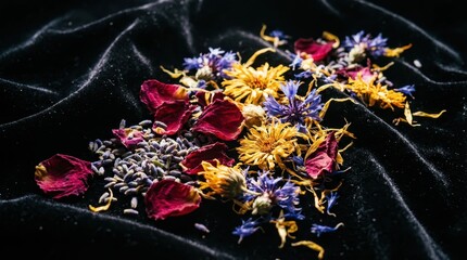 A rich assortment of dried botanical elements including vibrant red rose petals, blue cornflowers, and yellow wildflowers scattered on a dark textured surface