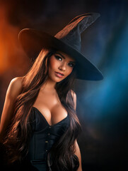 Glamorous and attractive witch or sorceress at Halloween