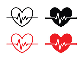 Vector Heart With Heartbeat Icon Set