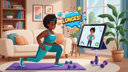 This vibrant workout cartoon illustrates a cheerful African American woman happily performing squats and lunges in her bright living room, following an online fitness class displayed on a digital. - Powered by Adobe