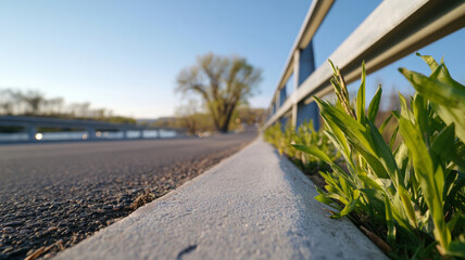 Close-up view of green plants growing alongside a road with metal guardrail and blurred tree in background under clear blue sky