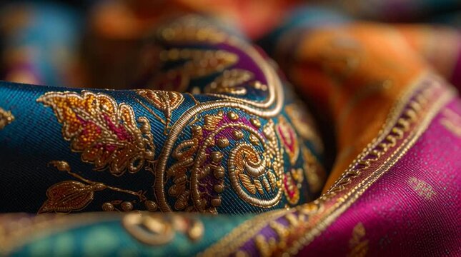 Vibrant silk fabric macro showcasing intricate paisley embroidery in shimmering golden threads, luxurious Indian textile craftsmanship video