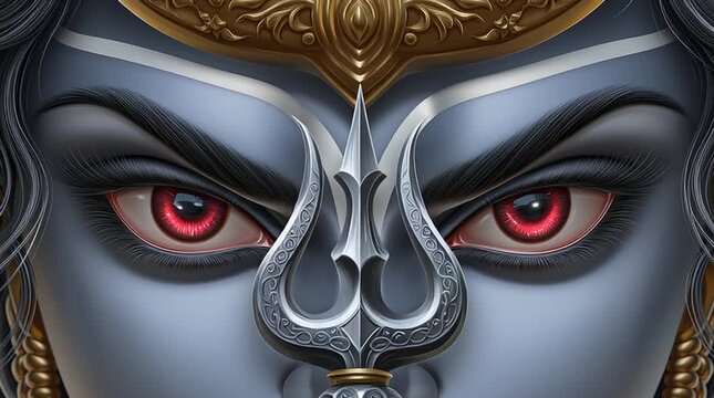 Piercing crimson eyes of fierce Shiva avatar framed by silver trident, powerful divine wrath concept video