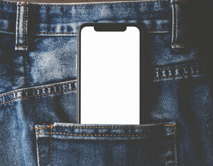 Smartphone in denim jeans pocket closeup.