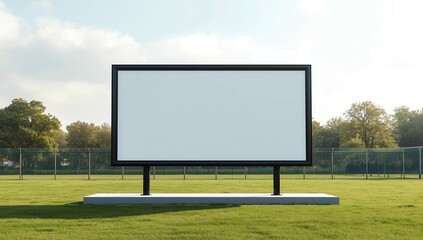 Mock up template Horizontal billboard out of home (OOH) advertising poster on grass, against background of lush plant wall of building. Bright day, blue sky with clouds.