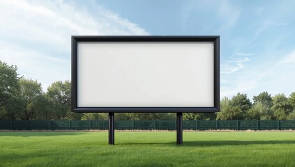 Fototapeta premium Mock up template Horizontal billboard out of home (OOH) advertising poster on grass, against background of lush plant wall of building. Bright day, blue sky with clouds.