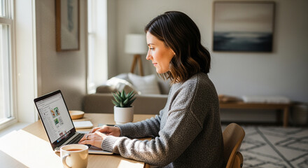 Woman working from home, focused on laptop in cozy remote work environment