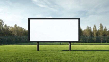 Mock up template Horizontal billboard out of home (OOH) advertising poster on grass, against background of lush plant wall of building. Bright day, blue sky with clouds.
