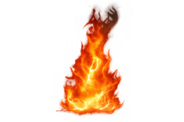 Blazing fire flame with sparks and smoke effect on transparent background. Heat, energy, and danger concept