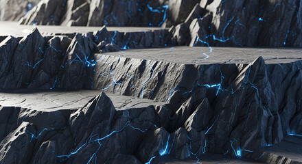 Dark jagged rock formations with glowing blue veins