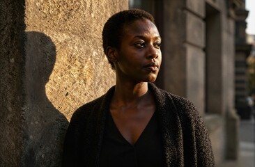 Obraz premium Thoughtful young african woman standing in urban sunset light