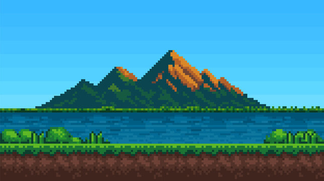 Pixel art background sky, mountains and lake. seamless Vector illustration