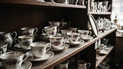 A charming display of antique porcelain teacups and saucers arranged neatly on rustic wooden shelves in a cozy vintage shop, showcasing intricate patterns and classic elegance of collected crockery