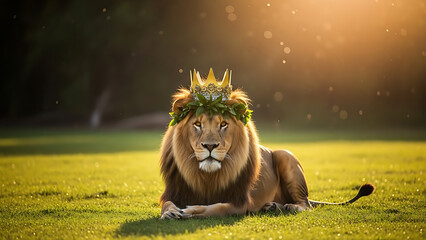 Majestic Lion Crowned with Laurel Wreath, Symbolizing Royalty and Strength in a Sun-Drenched Meadow