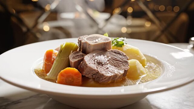 Pot-au-feu with boiled beef and marrow bone served in restaurant bowl. Warm ambient lighting, golden bokeh atmosphere.