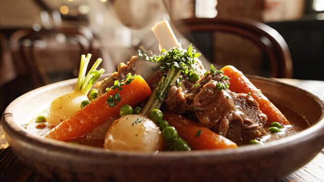 Navarin d&rsquo;Agneau, lamb stew with spring vegetables (carrots, turnips, peas), glossy sauce and fresh herbs; rustic shallow bowl on a wood table in a classic French bistro