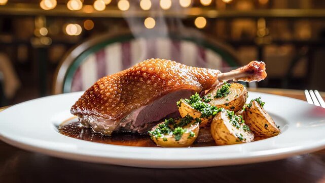 Confit de Canard, crispy duck leg confit with golden skin, pommes sarladaises with parsley, pan jus; ceramic plate atop a dark wood bistro table