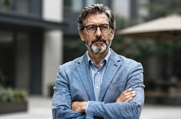 Fototapeta premium Mature businessman with beard and glasses standing confidently