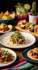Fototapeta premium Authentic Mexican feast featuring vibrant tacos, golden nachos, fresh guacamole, and cool mint lime drink beautifully arranged on a rustic wooden table.
