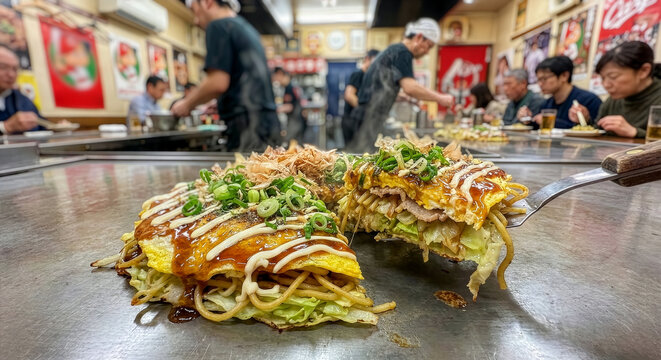 活気ある店内で熱々を味わう広島お好み焼き