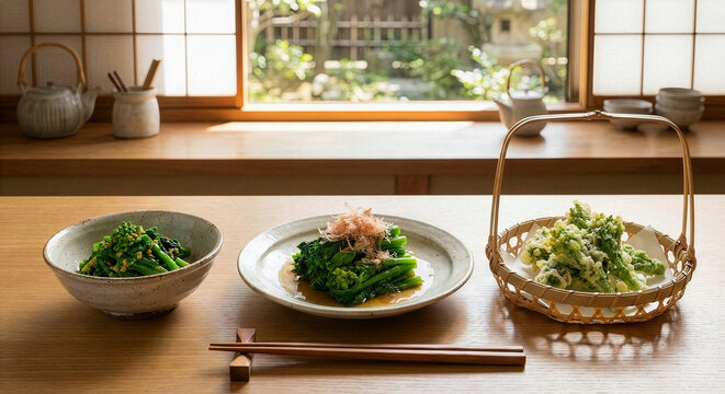 窓辺で味わう春の和食膳 菜の花の天ぷらと和え物