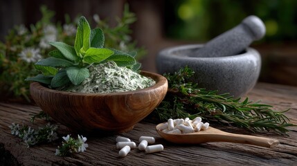 Herbal medicine preparation, powdered herbs in wooden bowl, fresh mint, rosemary sprigs, mortar and pestle, white capsules on spoon, rustic table, natural wellness concept.