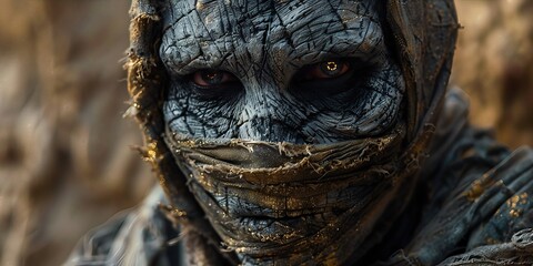 Ancient reanimated mummy's cracked face close up, with eerie glowing eyes staring intensely from dark shadows, menacing forgotten tomb guardian entity.