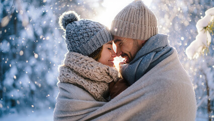 Romantic Couple in Love Sharing a Tender Moment in Snowy Winter Forest