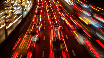 Long exposure night traffic on busy highway with red light trails and motion blur
