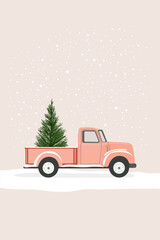 Obraz premium Small pink pickup truck with Christmas tree on beige. Minimal Christmas concept.