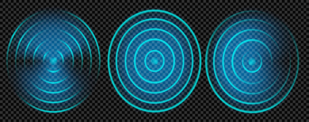 Radar sound wave with wifi sonar signal effect and blue neon light for technology. 3d glow ripple with radial circular echo waveform with tech sensor. Abstract vector design for wireless network