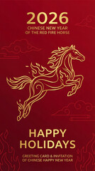 2026 Chinese New Year of the Red Fire Horse Greeting Card with Golden Line Art Illustration