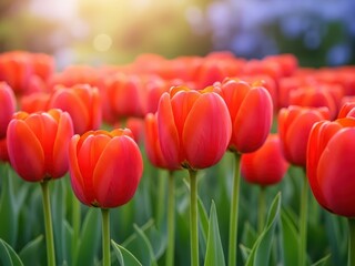 Fototapeta premium Red Tulips Blooming in Spring Sunlight Floral Background