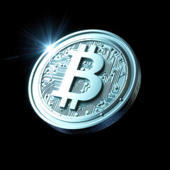 Shiny Silver Bitcoin Coin Rotating on Black Background