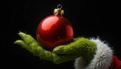 Ominous Green Hand with Red Fur Cuff Holding Holiday Bauble