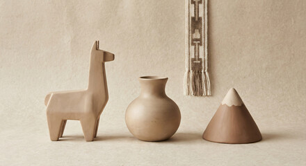 Stylized ceramic llama, vase, and mountain sculpture with woven textile in earthy tones.